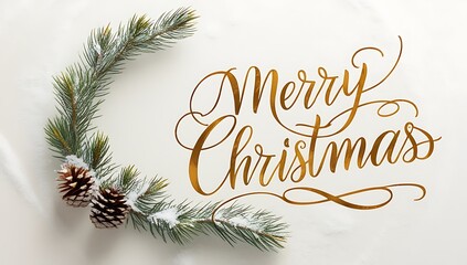 Festive Christmas pine branch with pinecones on white background, 'Merry Christmas' in elegant gold cursive text