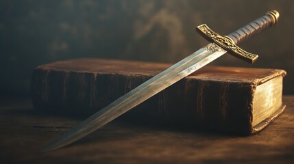 A bible and a sword. blurred background.