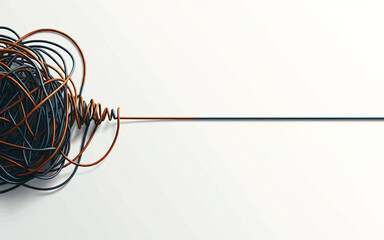 raffled wire a tangled rope or cord slowly untangles colorful string in plain white background copy space for text confusing resolving clearance of mind