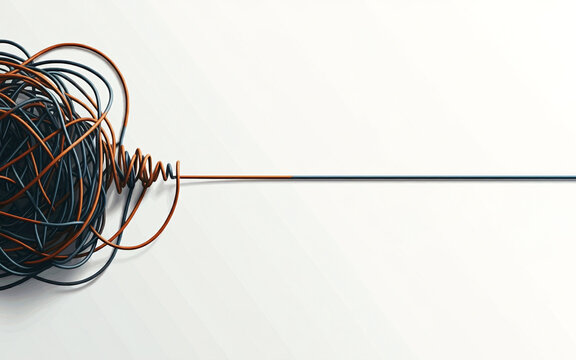 raffled wire a tangled rope or cord slowly untangles colorful string in plain white background copy space for text confusing resolving clearance of mind