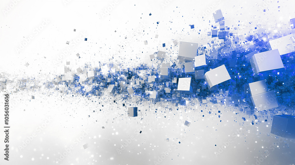 Poster dynamic explosion of blue and silver cubes creating a mesmerizing abstract digital pattern