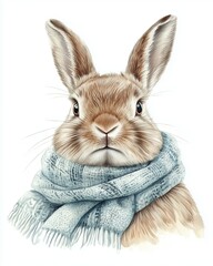 Obraz premium Watercolor portrait of a rabbit wearing a festive scarf. The isolated composition and charming details make this illustration perfect for winter holiday themes.