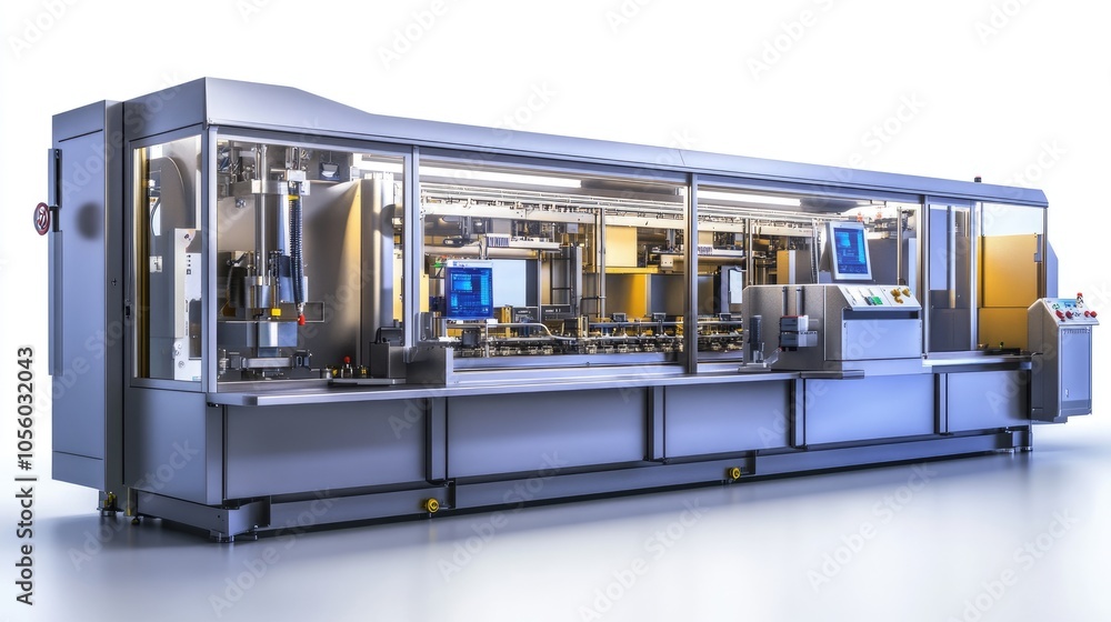 Poster 3d-rendered model of a factory machine for assembling electronics, isolated on a white background
