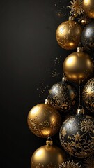 Black vertical background with gold Christmas balls and copy space. New Year, winter holidays. 