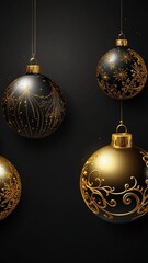 Black vertical background with gold Christmas balls and copy space. New Year, winter holidays. 