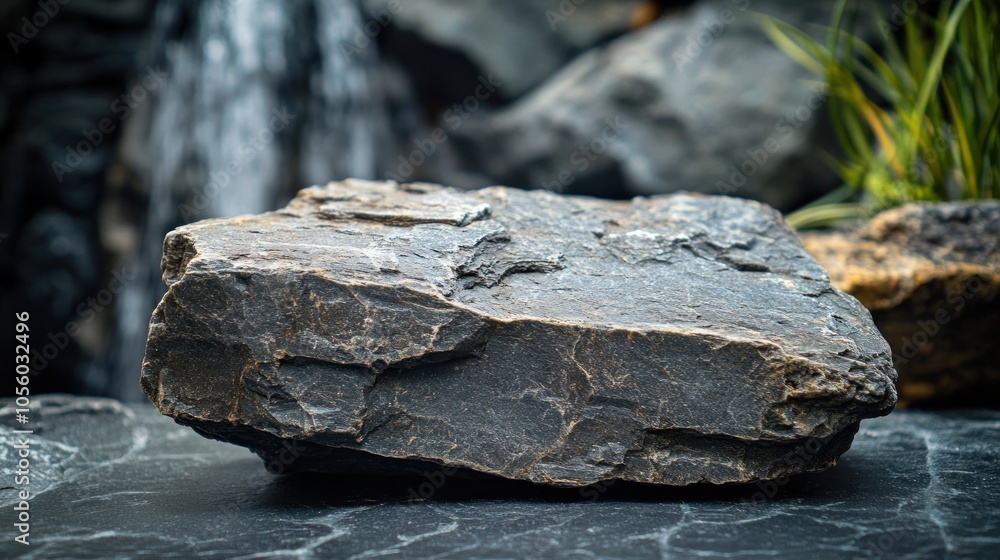 Poster a close-up of a textured rock with a natural backdrop, emphasizing earthy elements.