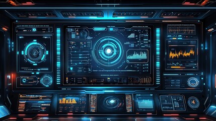 A high-tech control panel featuring futuristic interfaces, glowing graphics, and data visualizations, ideal for a sci-fi environment.
