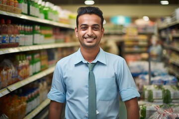 Portrait of a cheerful young Indian male supermarket manager