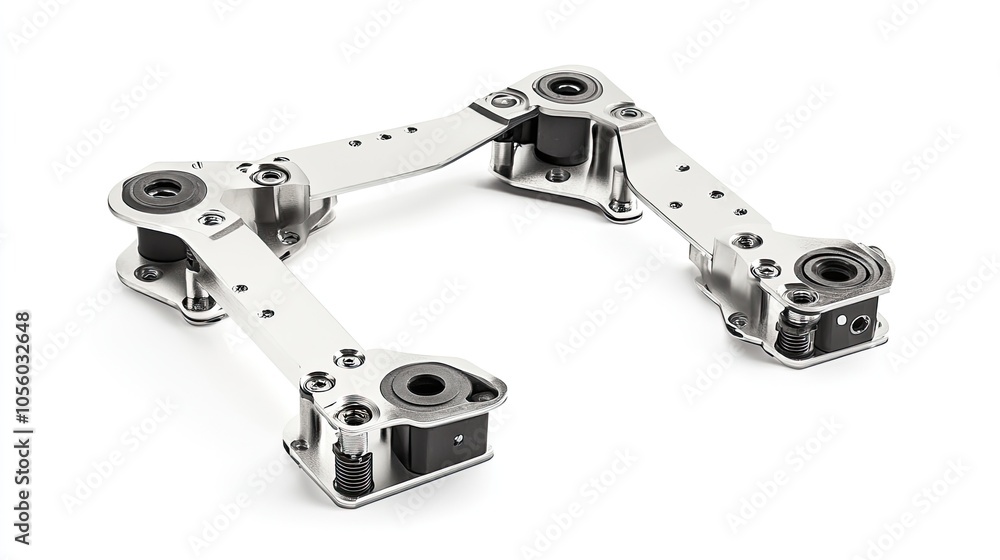 Poster assembly line machine parts with sensors and metal arms, isolated on a white background, highlightin