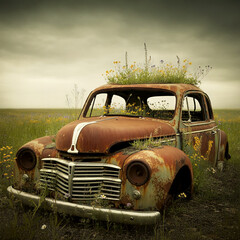 Fototapeta premium Flowers growing in a junk car jalopy bloomed wildflowers in a rusted wreck of an old car
