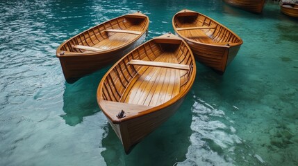 Obraz premium Three wooden rowing boats in a calm turquoise lake.