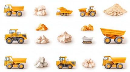 Collection of yellow dump trucks and white rocks on a white background.
