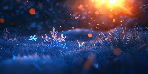 Fototapeta premium Delicate transparent snowflakes on winter fur shimmering in bright sunlight