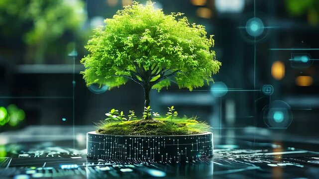 Tree growing on digital plant pot. Eco Technology and Technology Convergence. Green Computing, Green Technology, Green IT Video