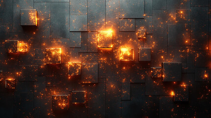 Fototapeta premium Dynamic Abstract Artwork of Glowing Cubes on a Textured Black Background