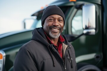 Portrait of a smiling middle aged male truck driver on snow