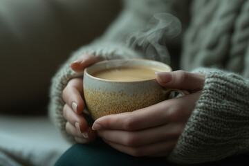 A close-up of hands holding a steaming mug of tea in a cozy setting. A person is firmly holding a steaming cup of coffee in both hands