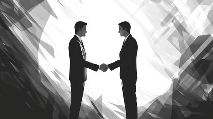 Two businessmen shaking hands in front of a bright, abstract background.