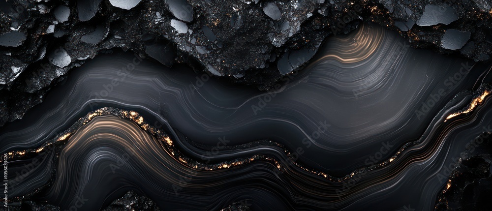 Poster abstract dark landscape with flowing lines and shimmering highlights.