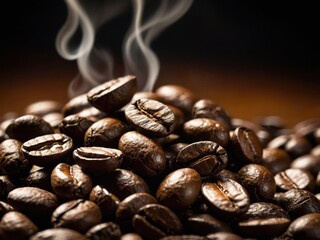 Close-up of coffee beans releasing aromatic steam, capturing the essence of freshly brewed coffee in a warm, inviting atmosphere