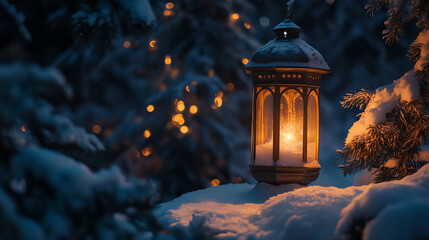 Capture the beauty of nature through a Lantern depicting snow and pine trees