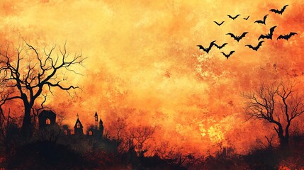 Spooky Halloween Background with Bats and Church Silhouette