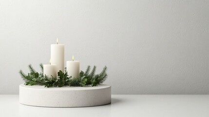 A serene arrangement of white candles surrounded by greenery on a minimalistic base, set against a textured light background.