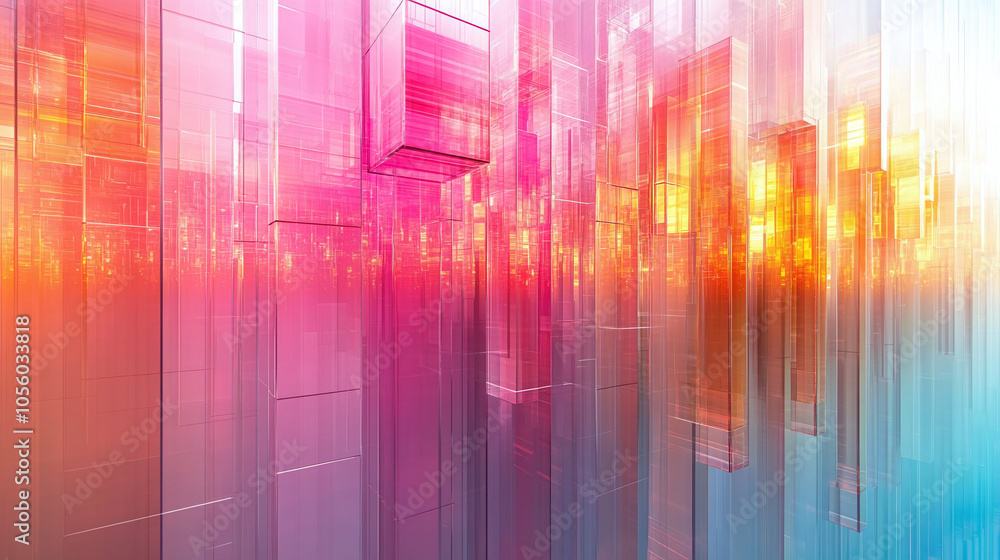 Poster vibrant abstract landscape with colorful overlapping shapes in a dazzling light spectrum