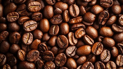 Obraz premium A close-up of roasted coffee beans, showcasing their rich, dark color and unique textures, perfect for coffee lovers.