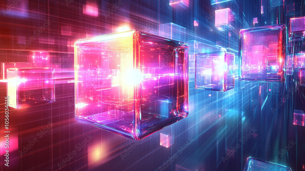 Aufkleber vibrant cubes hover in a dynamic, futuristic environment, illuminated by colorful lights