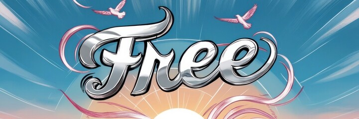 word Free against a radiant sky with beams of light emanating from a glowing sun. Promotion website banner