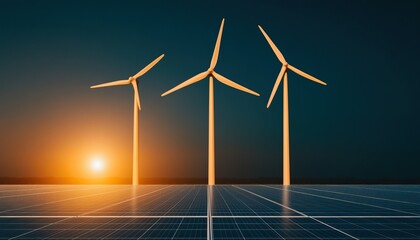 The image features three wind turbines against a setting sun, highlighting renewable energy technology alongside solar panels.