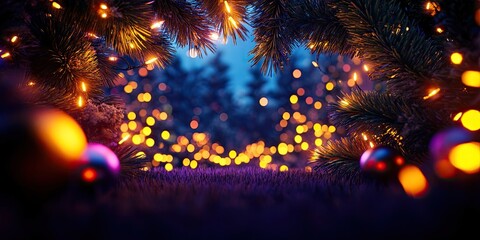 Fototapeta premium Festive Christmas background featuring a decorative frame of fir branches with ample copy space for holiday messages