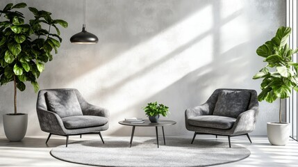 Two gray armchairs and a round coffee table in a minimalist living room with plants and a large window.
