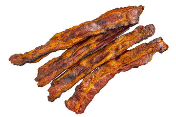 Delicious strips of crispy bacon arranged on a white isolate background.