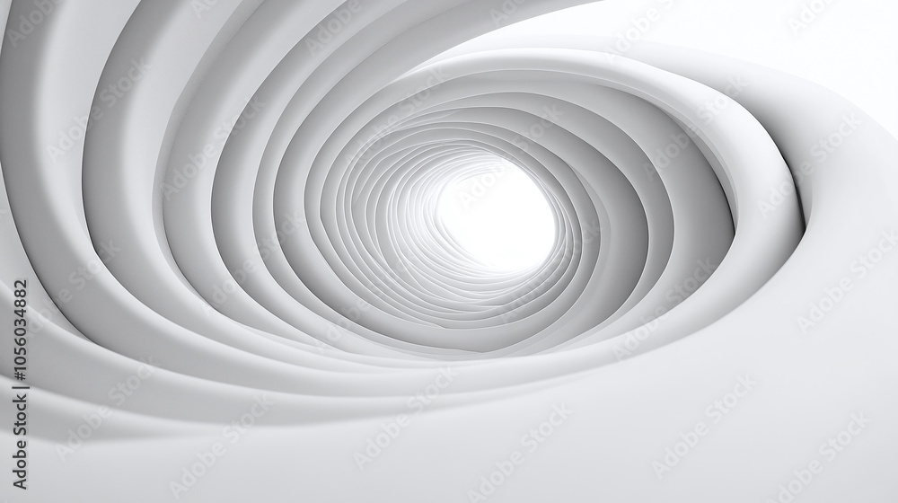 Poster exploring the depths of a mesmerizing white spiral tunnel illuminated by soft light