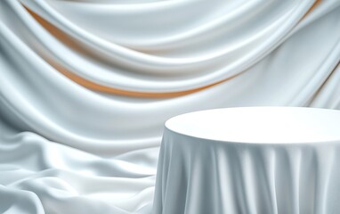 A smooth white table draped in elegant fabric against a flowing white backdrop creates a serene and sophisticated atmosphere.