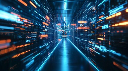 Fototapeta premium Fast-paced data flow in a high-tech server room