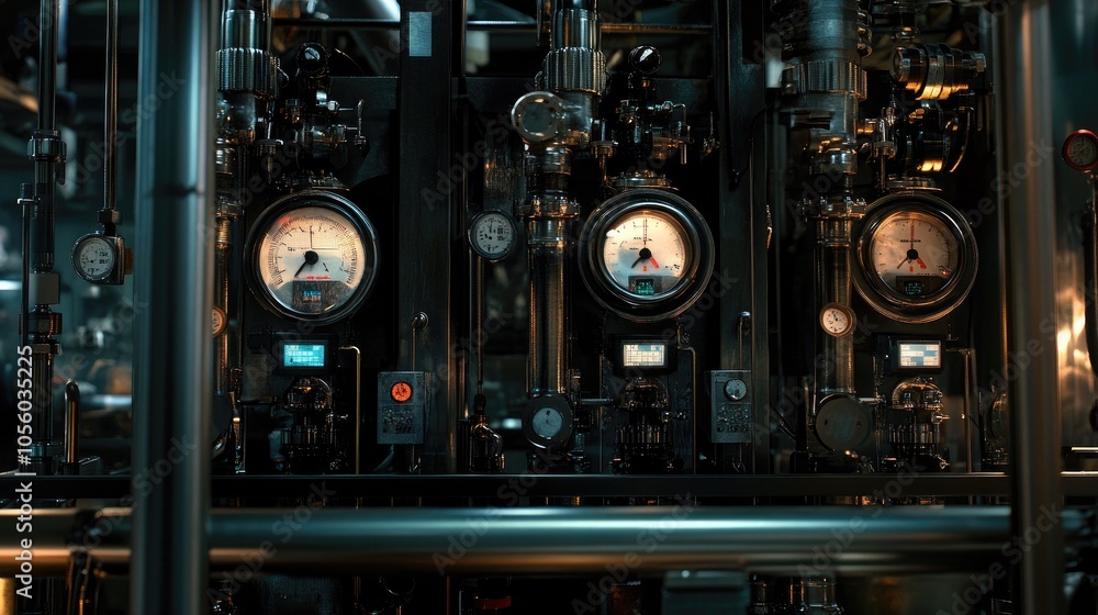 Poster close-up of pipes and gauges in a factory setting, showing the precise monitoring systems for produc