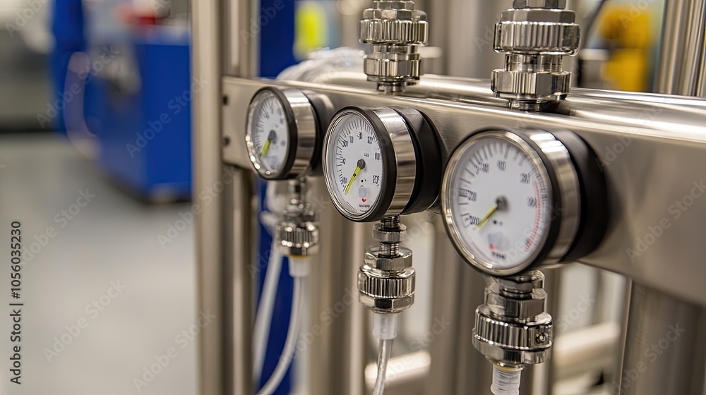 Poster close-up of pipes and gauges in a factory setting, showing the precise monitoring systems for produc