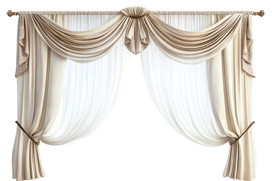 Elegant draped curtains in cream color on a white isolate background.
