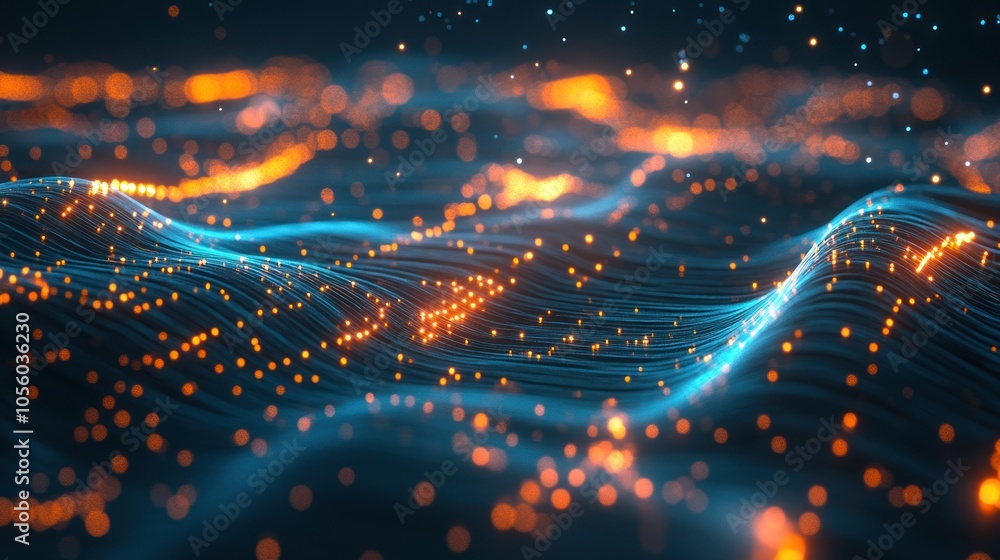 Poster abstract visualization of flowing waves with glowing particles in vibrant colors.