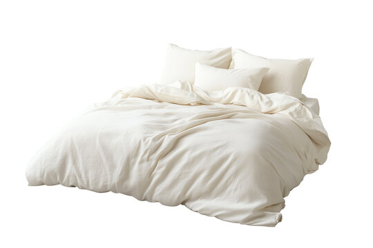 Elegant white bedding set with plush pillows on a soft white background.