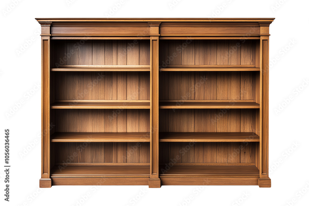 Poster elegant wooden bookshelf with multiple empty shelves, perfect for storage or display, isolated on wh
