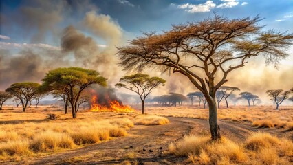 Spreading wildfire in a dry savannah landscape with charred remains of trees and acacia bushes, natural disaster, desolate, smoke, wildfire
