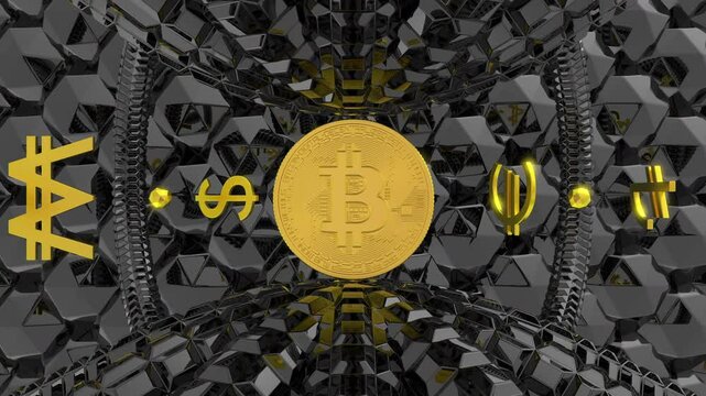 Infinity Center Bitcoin Around Symbol Money Symbols Looping 3D Animation