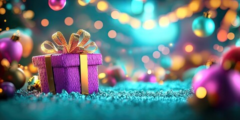 Party decorations featuring colorful accents on a mint green background, ideal for creating festive mood for Christmas and new year celebrations, customizable space for personal messages