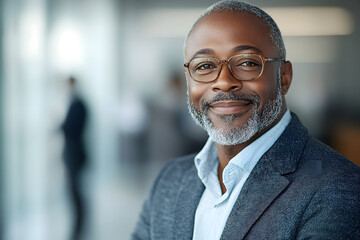 An older handsome businessman in his 50s, smiling and looking in the camera and smiling 
