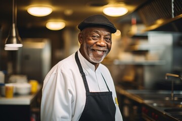 Smiling portrait of a senior chef working in kitchen