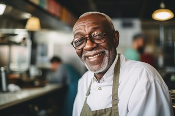 Obraz premium Smiling portrait of a senior chef working in kitchen